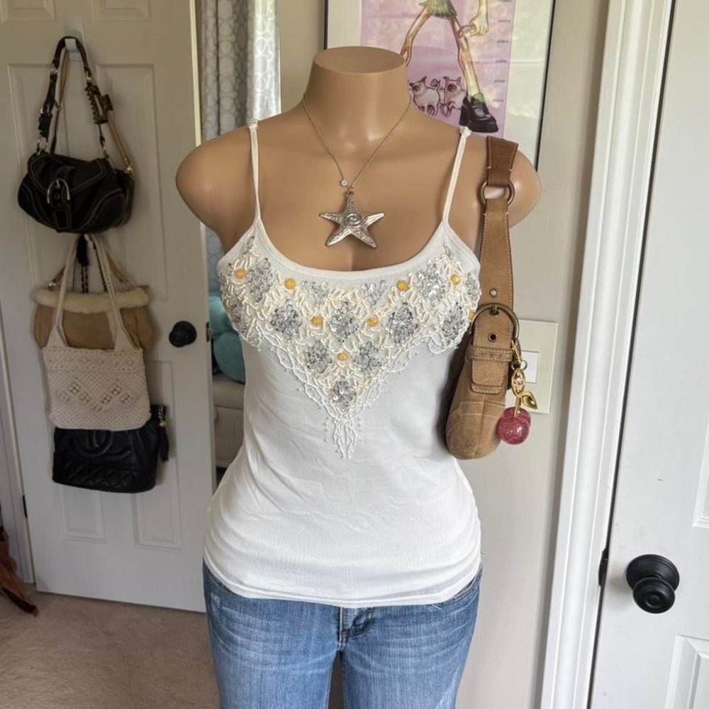 y2k 2000s fairy white beaded embellished cami euro top
